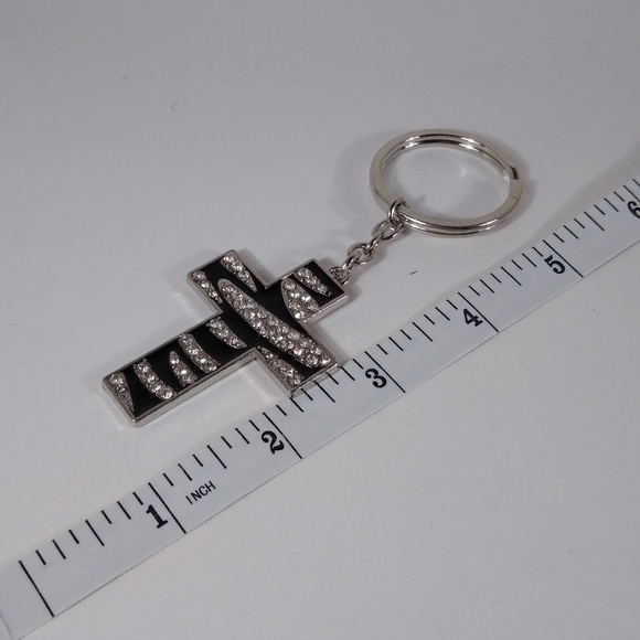 Silver Toned Black Cross Keychain with Rhinestones - Picture 4 of 5